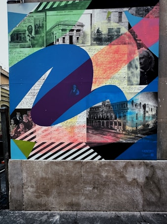 A collage featuring historical photographs and handwritten documents overlaid with colorful abstract patterns. The elements include old black-and-white images of people and architecture, blended with bright geometric shapes and streaks in blue, purple, pink, and green.