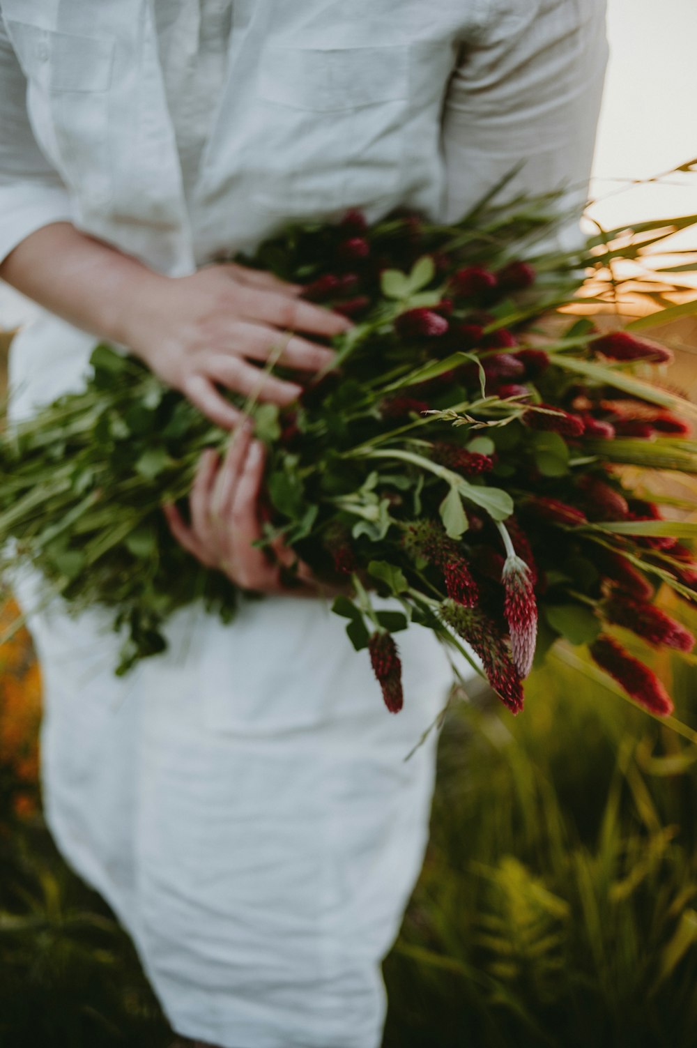 a person holding a bunch of flowers in their hands