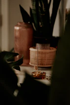 A serene workspace featuring natural elements like herbs and clay pots symbolizing Ayurveda.