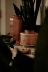 A serene and dimly lit setting featuring a burning incense stick placed in a small amber-colored holder. Surrounding the incense are various pottery and woven containers, along with lush green plants that add a natural element to the composition.