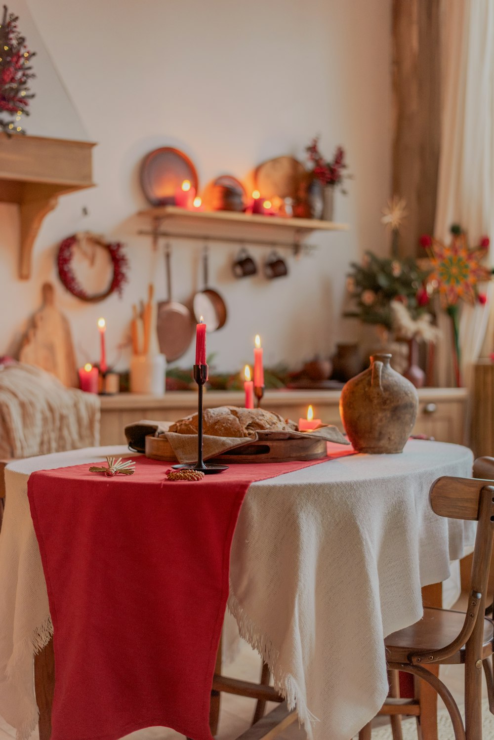 a table with a red table cloth on it