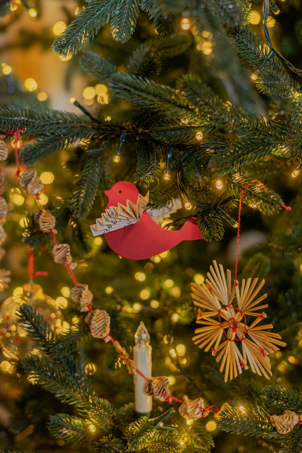 a close up of a christmas tree with ornaments