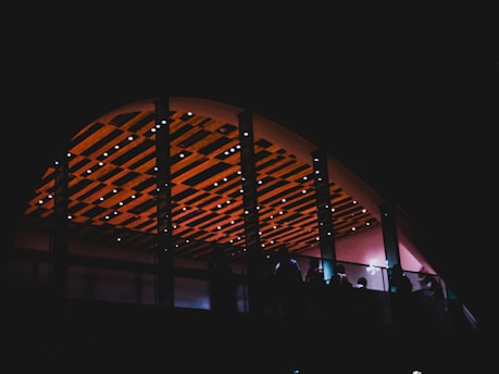 A modern architectural structure with a curved roof is backlit, revealing a wooden pattern and dot-like lights spread across it. Silhouetted figures stand beneath the structure, suggesting a gathering or event.
