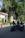 Three motorcyclists wearing helmets are riding their bikes on a road bordered by greenery and buildings. The scene is set in a lush, leafy environment with tall trees and small bushes lining the road. One of the buildings has a red roof and modern architecture. The riders are grouped closely together with their headlights on, creating a sense of camaraderie.