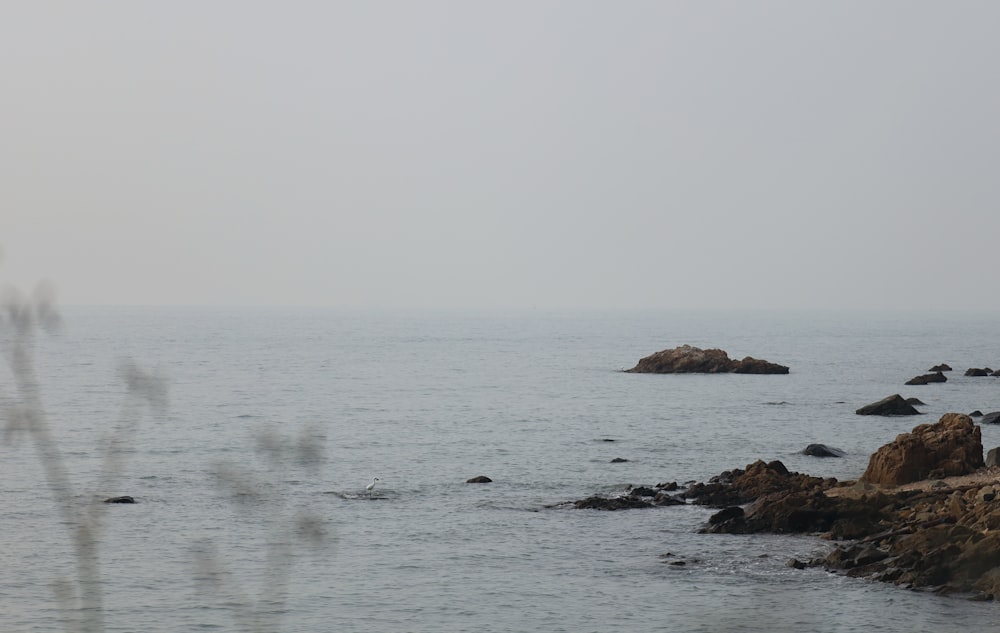 a large body of water with rocks in the foreground