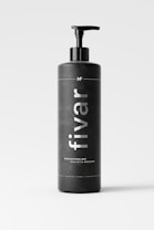 A sleek black bottle with a pump dispenser on top, prominently displaying the text 'fivar' in white lettering. The bottle is set against a light, neutral background, creating a minimalistic and modern appearance. The label also includes smaller text mentioning 'mockupfree.net' and 'realistic-mockups'.