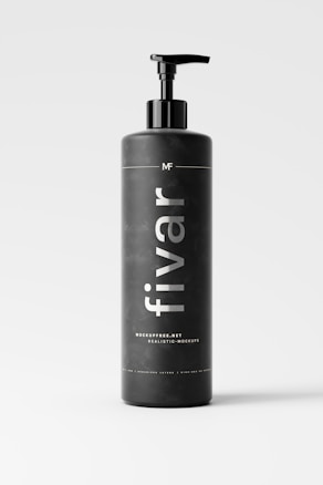 A sleek black bottle with a pump dispenser on top, prominently displaying the text 'fivar' in white lettering. The bottle is set against a light, neutral background, creating a minimalistic and modern appearance. The label also includes smaller text mentioning 'mockupfree.net' and 'realistic-mockups'.