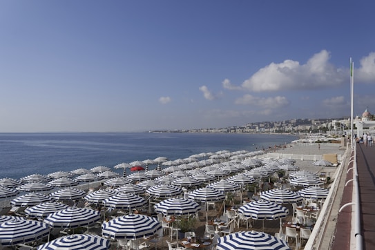 Numerous blue and white striped beach umbrellas are neatly arranged on a pebbled shoreline next to a calm sea under a clear blue sky. In the background, a city with numerous buildings stretches along the coastline. A vibrant red umbrella stands out among the others.