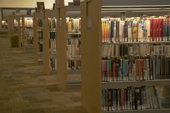 A library aisle with neatly aligned books on wooden shelves. The shelves are filled with a variety of books, with a focus on fiction and non-fiction genres. The environment is well-lit, providing a quiet and organized atmosphere typical of a library setting.