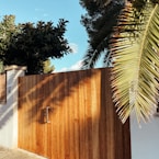 a wooden gate with a palm tree in the background