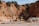 A construction vehicle is stationed on a sandy beach, adjacent to towering rocky cliffs with patches of vegetation. The cliffs display layers of rich, earthy tones ranging from sandy beige to deeper ochre, creating a warm contrast against the clear sky above.