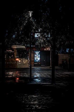 A digital screen ad on a tram, glowing brightly against the evening sky.