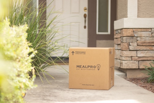 A cardboard box labeled 'MealPro' is placed on a porch next to some grass and a brick wall. The porch leads to a white door with a glass window panel. There are plants on one side and the entryway appears clean and brightly lit.