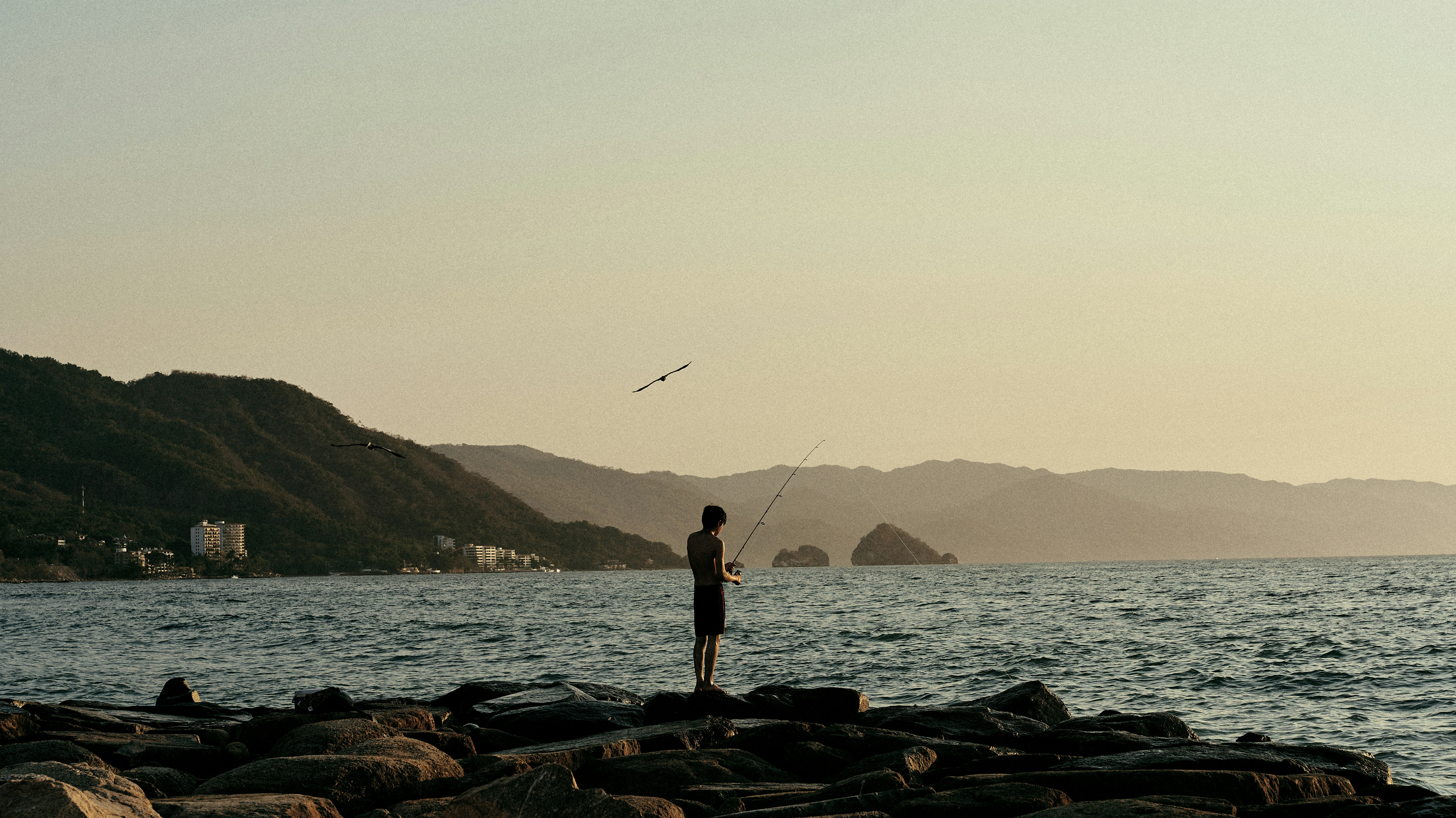 a man standing on a rocky shore next to a body of water