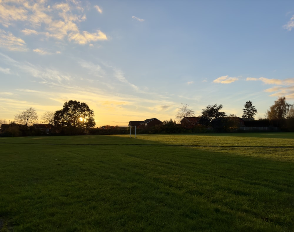 the sun is setting over a field of grass
