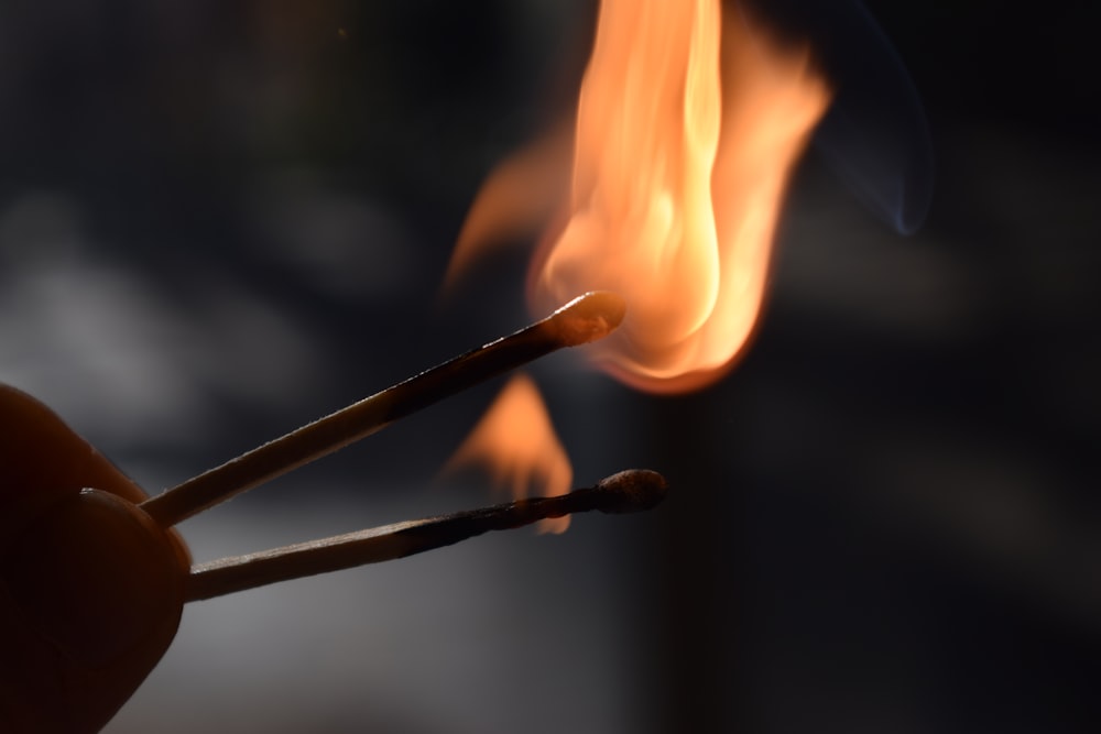 a hand holding a match stick with a fire in the background