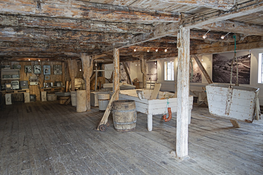 a room filled with lots of wooden furniture