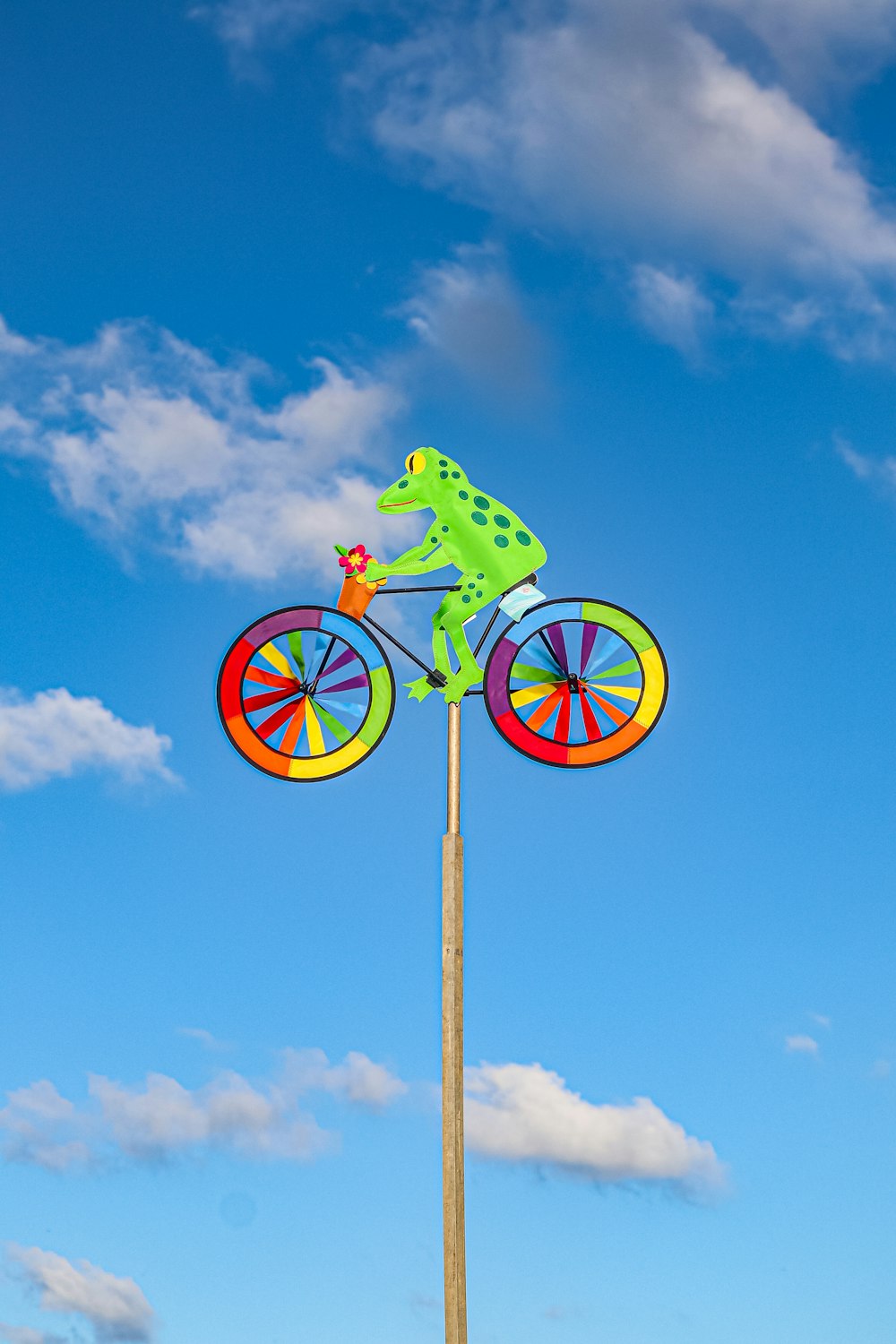 a green frog riding a colorful bicycle on a pole