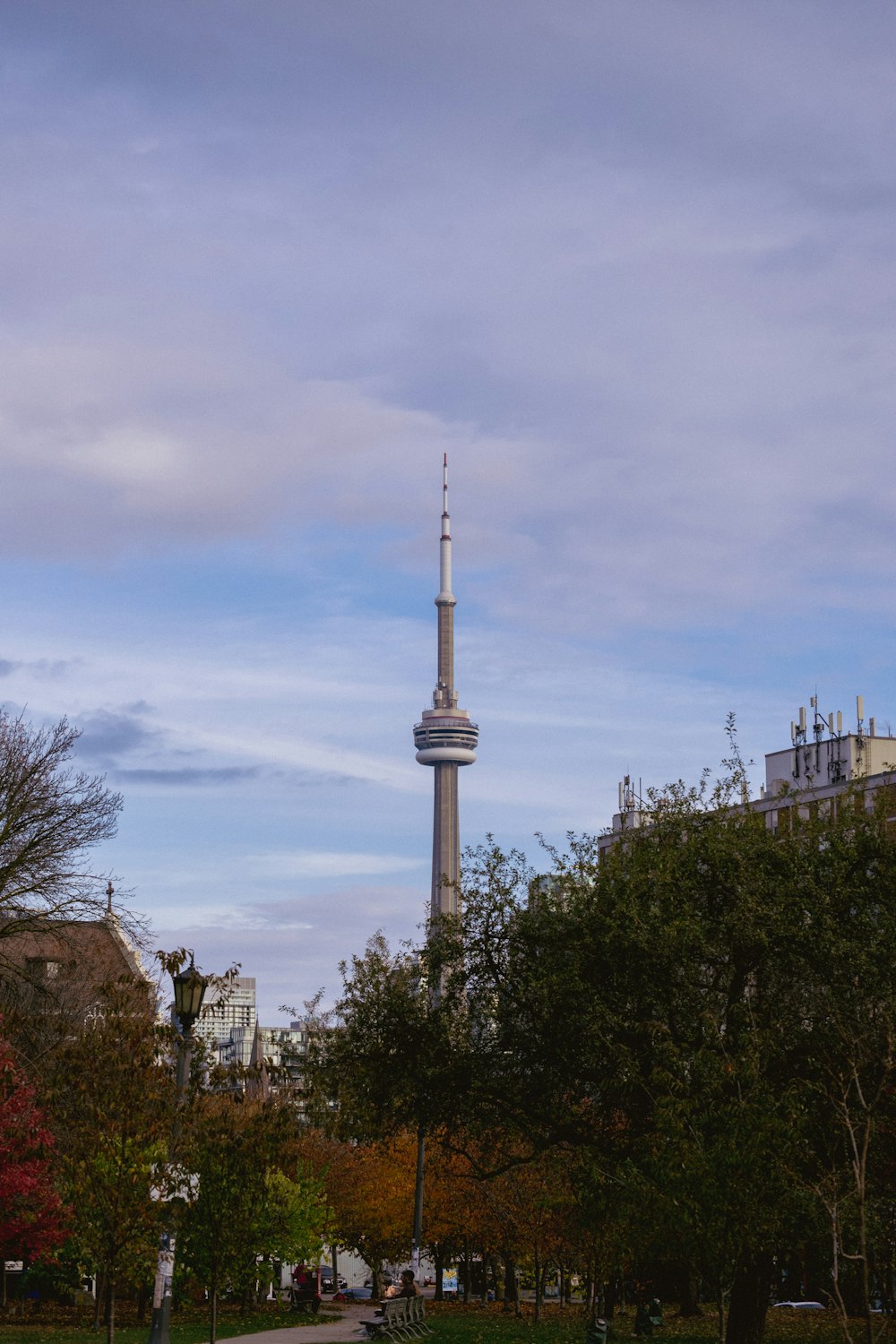 a view of a very tall tower in the distance