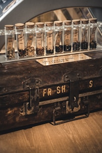 A collection of glass vials with cork stoppers is neatly arranged on a clear stand. Each vial is labeled and contains various types of dried leaves and herbs. The foreground features an old, rustic suitcase with black metal buckles and faded lettering, set on a wooden surface. The background contains a metallic, arched structure that adds an industrial feel to the setting.