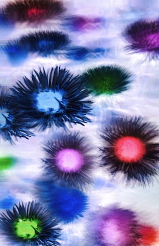 Various colorful, abstract floral designs appear to float against a soft, blurred background. Each design resembles a flower with a central core and radiating petals in vibrantly contrasting colors.