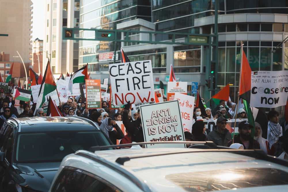 a large group of people holding signs and flags