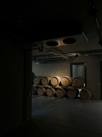 A dimly lit storage room with stacks of wooden barrels organized in two rows. The barrels have some inscriptions on them, possibly for wine storage. The room appears industrial with visible pipes and vents on the ceiling.
