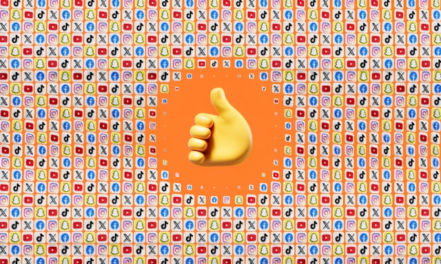 A large yellow thumbs-up emoji is centered against a background filled with small app icons, including popular social media platforms like Facebook, Twitter, Snapchat, TikTok, YouTube, and Instagram. The surrounding area has a predominantly orange color.