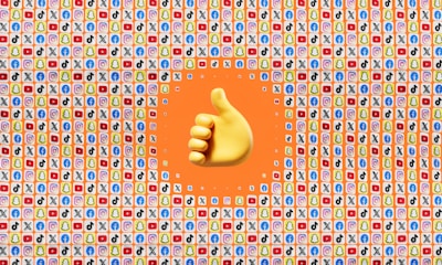 A large yellow thumbs-up emoji is centered against a background filled with small app icons, including popular social media platforms like Facebook, Twitter, Snapchat, TikTok, YouTube, and Instagram. The surrounding area has a predominantly orange color.