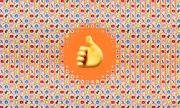 A large yellow thumbs-up emoji is centered against a background filled with small app icons, including popular social media platforms like Facebook, Twitter, Snapchat, TikTok, YouTube, and Instagram. The surrounding area has a predominantly orange color.