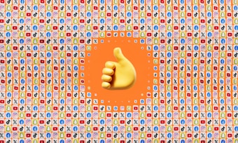 A large yellow thumbs-up emoji is centered against a background filled with small app icons, including popular social media platforms like Facebook, Twitter, Snapchat, TikTok, YouTube, and Instagram. The surrounding area has a predominantly orange color.