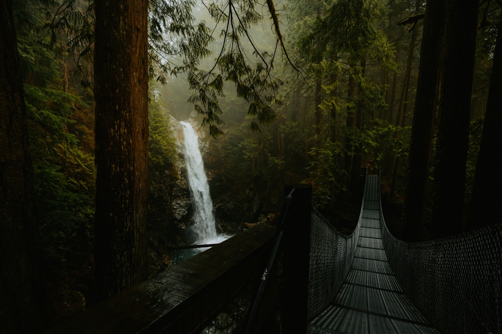 a wooden walkway leading to a waterfall in a forest