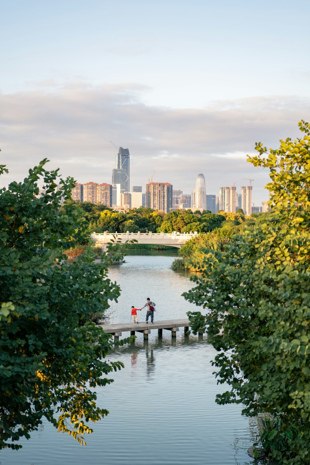 a couple of people standing on a bridge over a river