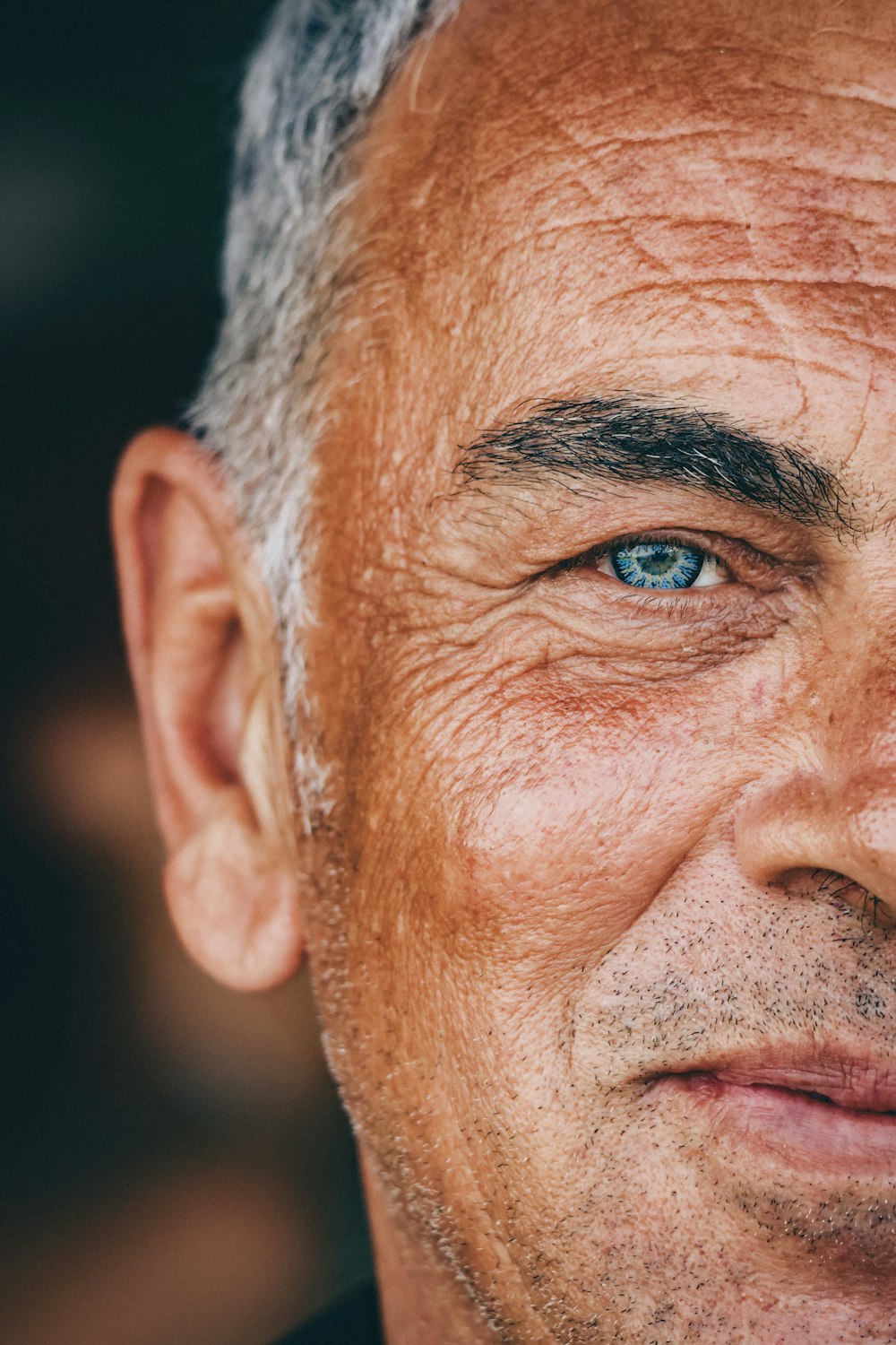 a close up of a man with blue eyes