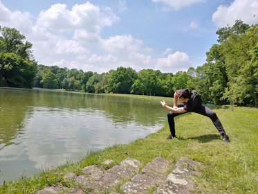 A serene morning scene of a small group performing mobility exercises by a calm forest lake.