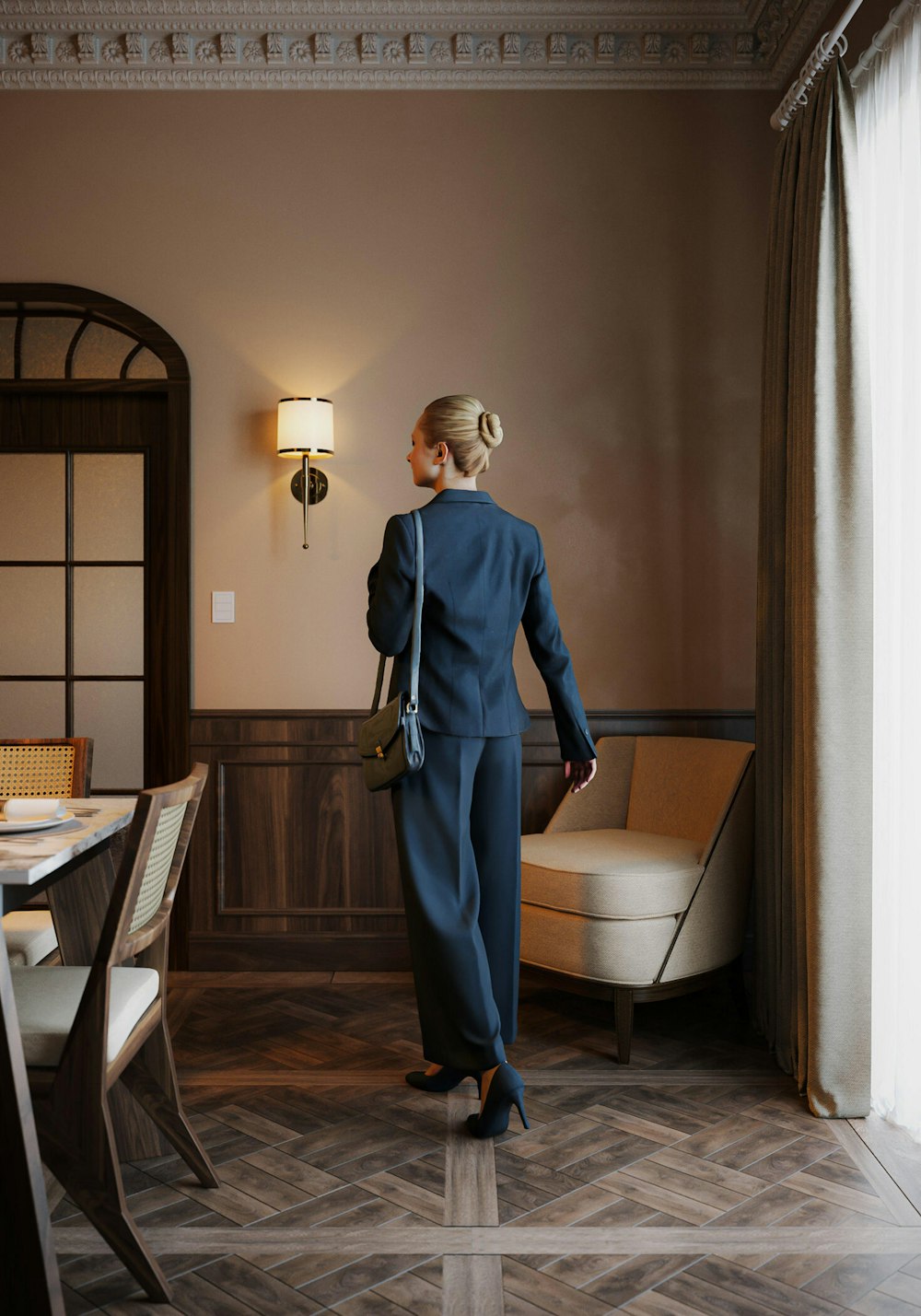 a woman in a blue suit standing in a room