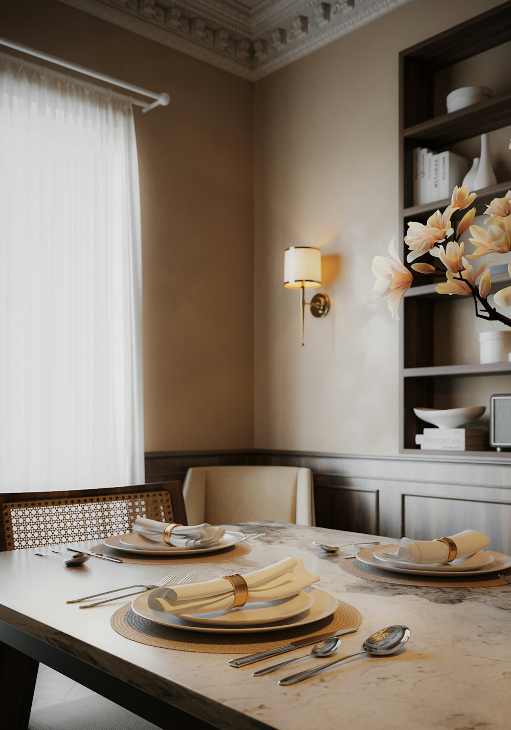 a dining room table set with plates and silverware