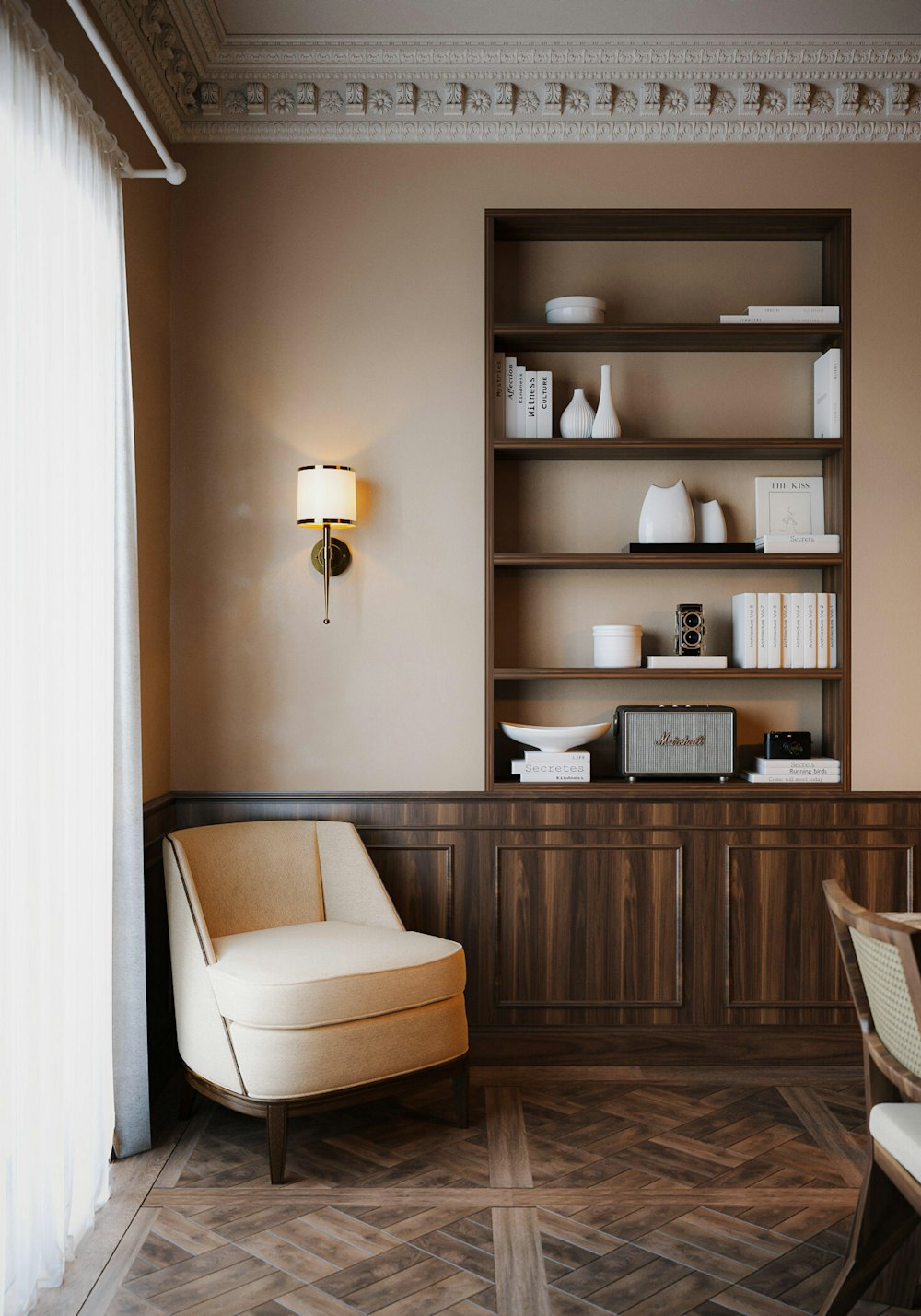 a living room with a chair and a book shelf