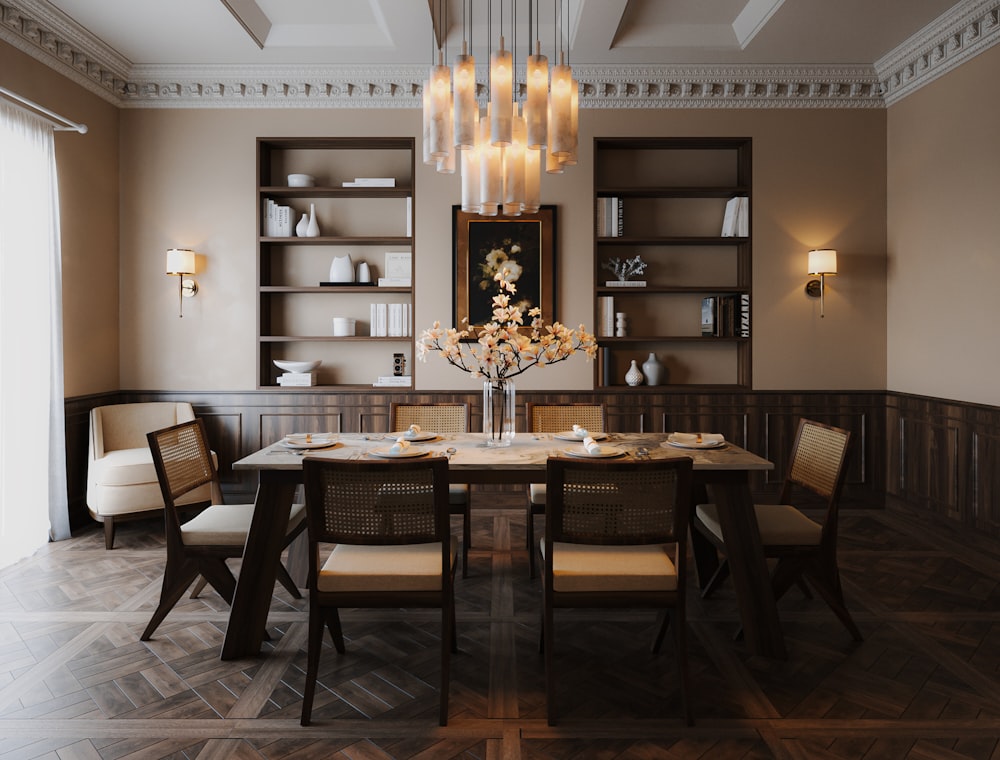 a dining room with a table and chairs