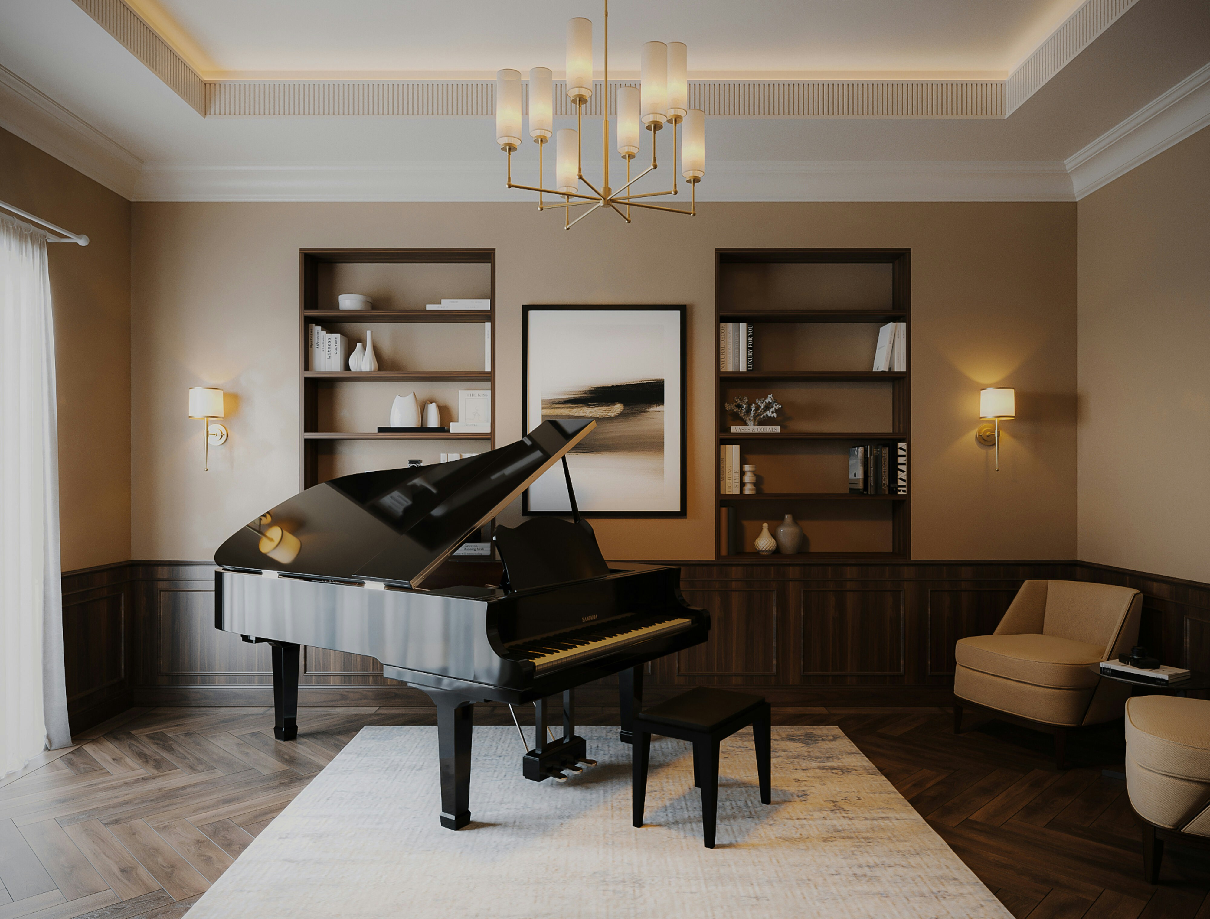a living room with a grand piano in the center