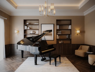 a living room with a grand piano in the center