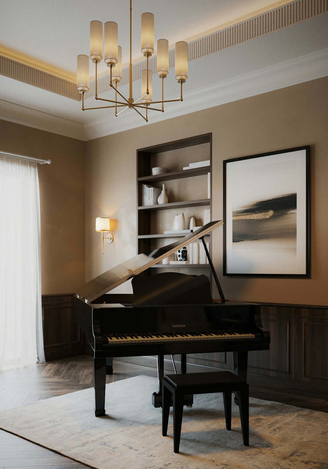 a grand piano in a living room with a chandelier