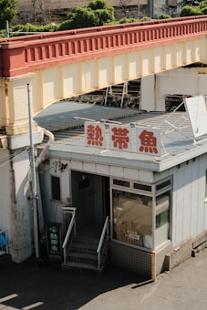 A small building with a sign in Japanese characters attached to its roof, situated under a painted bridge. The structure has a tiled roof and is next to a staircase leading to its entrance. The setting appears to be urban with greenery visible in the background.