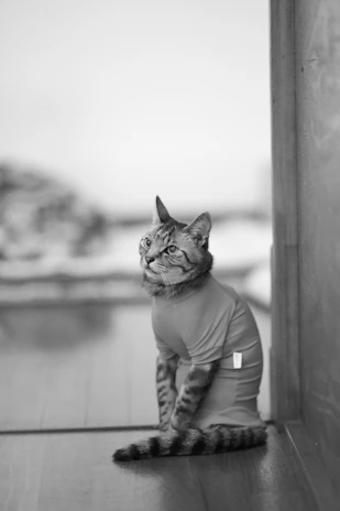 Close-up of a cat with a custom-fitted shirt, looking curious and cozy indoors.