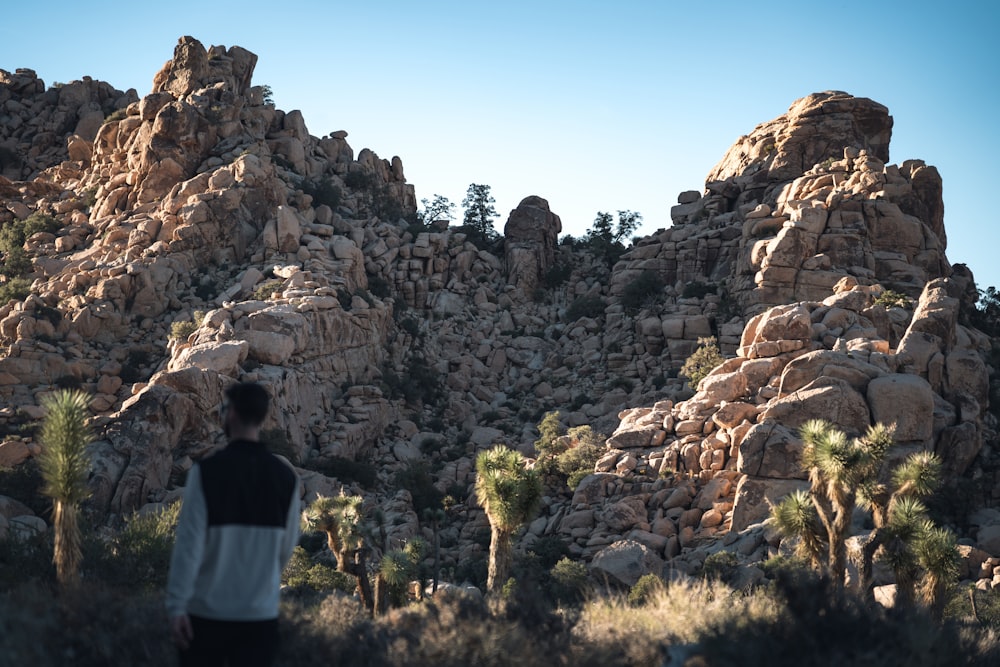 a person standing in front of a rocky mountain