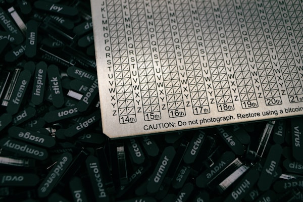 An intricate metal card featuring a grid with letters and numbers, surrounded by numerous black rectangular tokens with various words written on them. A cautionary note at the bottom advises against photographing and refers to Bitcoin restoration.