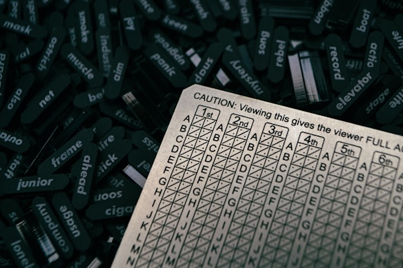 A close-up view of a table covered with small, black, rectangular objects each containing words like 'frame', 'panic', 'junior', and more. Positioned up front is a beige, grid-like chart with columns labeled 1st to 6th and rows marked A to P. A caution message at the top of the chart explains that viewing it gives the viewer full access.