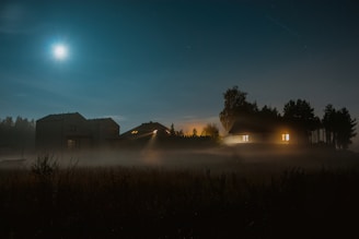A serene nighttime scene featuring a group of houses amidst a misty landscape. The moon shines brightly in the sky, illuminating the surroundings with a soft glow. Trees are silhouetted in the background, and the lights from the houses cast warm reflections through the mist.