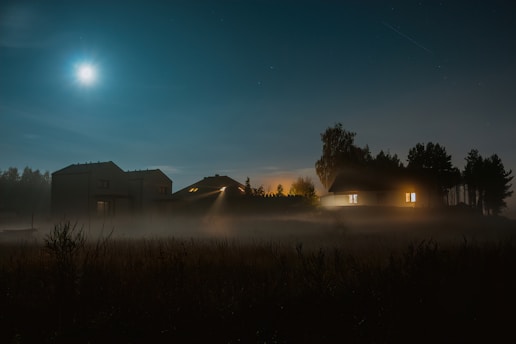 A serene nighttime scene featuring a group of houses amidst a misty landscape. The moon shines brightly in the sky, illuminating the surroundings with a soft glow. Trees are silhouetted in the background, and the lights from the houses cast warm reflections through the mist.
