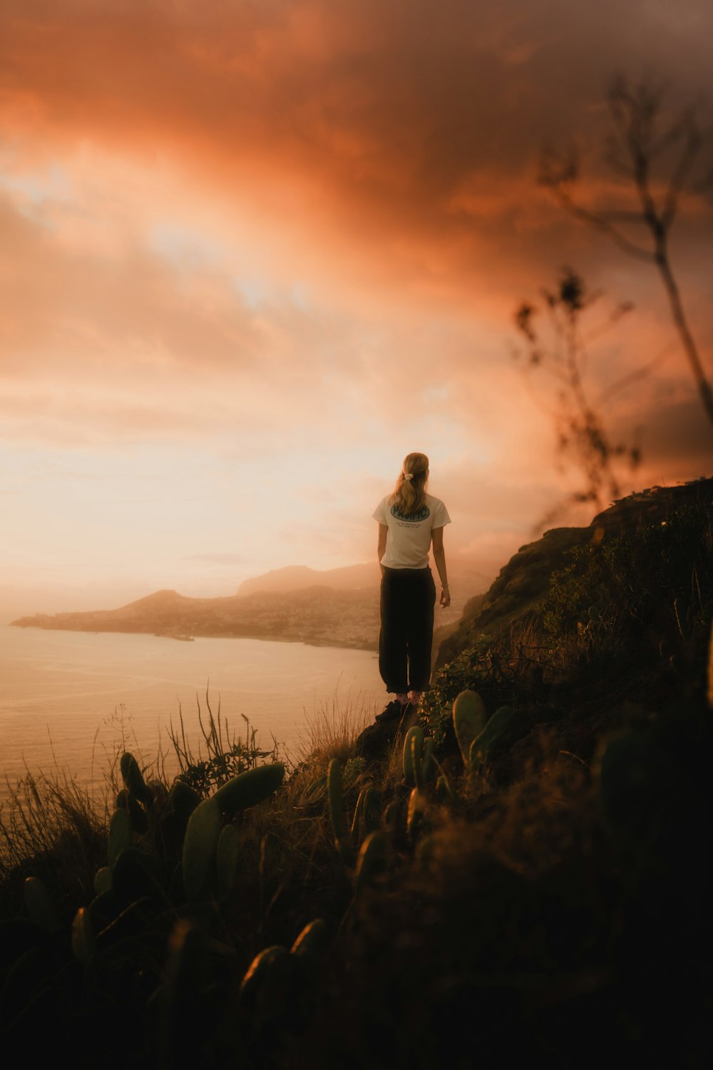 a man standing on top of a hill next to a body of water